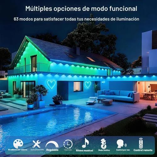 Vista 4 de iYogaled Luces exteriores permanentes para casa, 50 pies de luces de borde exterior inteligentes RGB con 63 modos de escena, luces LED impermeables