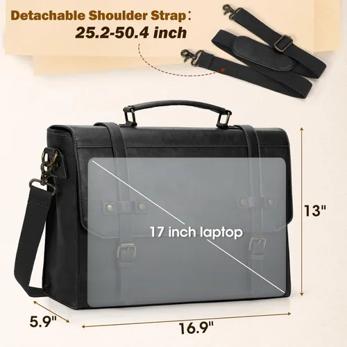 Vista 3 de RAINSMORE Bolsa de mensajero para hombre de 17 pulgadas, impermeable, de piel vintage, maletín para laptop, bolsa grande para laptop, cartera, bolsa