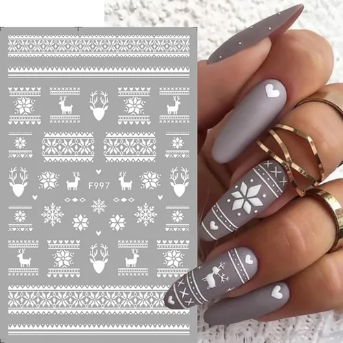 Vista 6 de 10 hojas de calcomanías de uñas de Navidad 3D con copo de nieve - Diseño de purpurina autoadhesiva blanca, decoraciones de invierno para Navidad