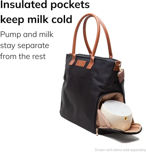 Vista 5 de Sarah Wells Abby - Extractor de leche, Negro, 1 Unidad (Paquete de 1) Fits All Portable Pumps, Structured, Insulated Pockets, Real Leather Straps