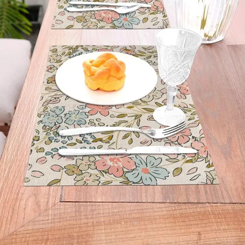 Vista 6 de Juego de 4 manteles individuales florales de 12 x 18 pulgadas, diseño de flores silvestres, acuarela, lavables, manteles decorativos de tela de lino