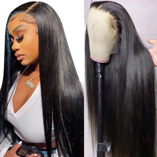 Vista 20 de Mengkai Pelucas de 28 pulgadas de encaje frontal liso de cabello humano, sin pegamento, prearrancadas con cabello de bebé, 13x4 de oreja a oreja