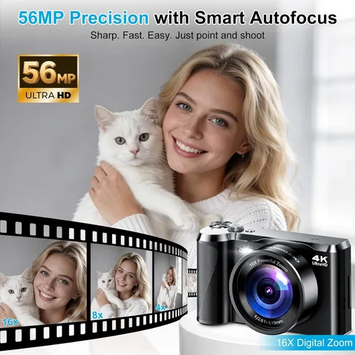 Vista 2 de Cámara digital 4K de 56 MP para fotografía, viajes y regalo Negro