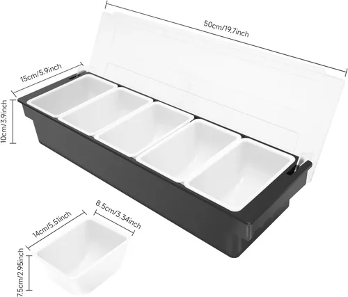 Vista 4 de Dispensador de condimentos de 5 compartimentos, bandeja de comida refrigerada, barra de ensalada, plástico transparente, fácil de limpiar, adecuado