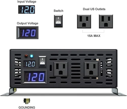 Vista 3 de WZRELB Inversor solar de onda sinusoidal pura de 1500 W, 24 V CC a 120 V CA, inversor de corriente fuera de la red para camping RV