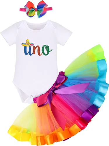 Vista 42 de IBAKOM Conjunto de ropa de 3 piezas para bebé niña de 1er cumpleaños + tutú de tul de princesa arcoíris + diadema con lazo, conjunto de ropa de 3