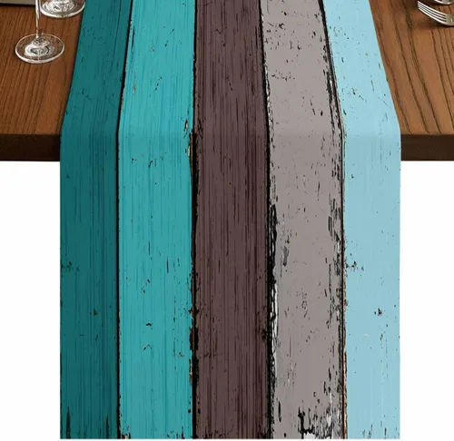 Vista 54 de Vandarllin Camino de mesa de lino y algodón estilo rústico retro, textura de madera de granero, color degradado, azul aguamarina, gris