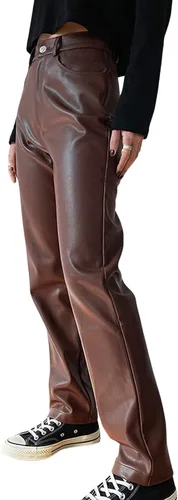Vista 3 de Pantalones de piel sintética de cintura alta para mujer, pantalones de piel sintética con bolsillos, ropa de calle punk