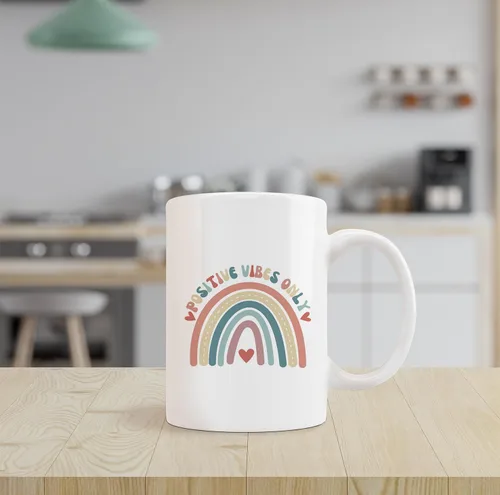 Vista 2 de Taza de cerámica retro Groovy Positive Vibes Boho Rainbow Heart de 11 onzas, taza de té con leche con asa, regalos positivos para mujeres