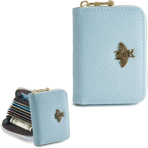 Vista 10 de WOZEAH Billetera pequeña para mujeres con bloqueo RFID, cartera para tarjetas de crédito, cartera de acordeón de cuero con cremallera, Negro