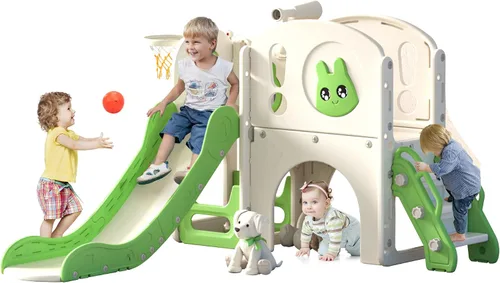Vista 11 de NYEEKOY Juego de tobogán y escalador 8 en 1 para niños pequeños, parque infantil con escaleras, túnel, telescopio, almacenamiento, aro de baloncesto