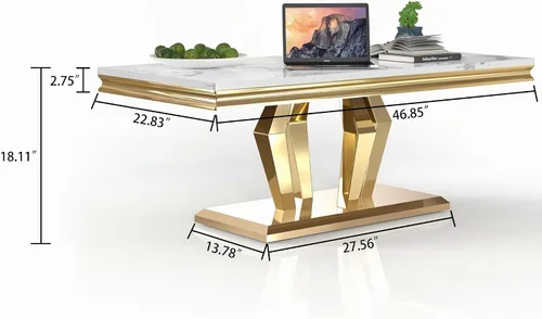 Vista 2 de SSLine Mesa auxiliar rectangular de mármol sintético para sala de estar, moderna mesa central de mármol blanco de lujo con base de diamante dorado