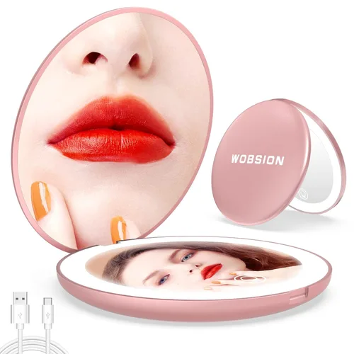 Vista 14 de WOBSION Espejo compacto de viaje, espejo de maquillaje LED portátil 1x/10x con aumento, espejo de bolsillo de 2 caras de mano, espejo pequeño