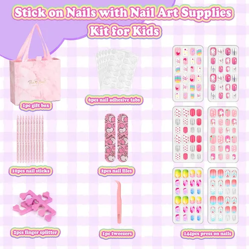 Vista 3 de 144 Piezas de Uñas Postizas a Presión para Niñas, Uñas Postizas para Niñas con Kit de Pegamento, Lindas Puntas de Uñas con Adhesivo de Uñas