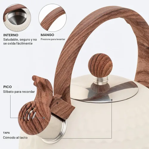 Vista 5 de Whistling - Tetera de acero inoxidable con mango anticalor de grano de madera, cubierta cilíndrica de acero inoxidable de grano de madera, 2.6
