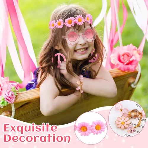 Vista 4 de Juego de 5 piezas de accesorios de disfraz hippie para niños, letrero de paz bohemio, margarita, flor de los años 60 y 70, decoración de fiesta