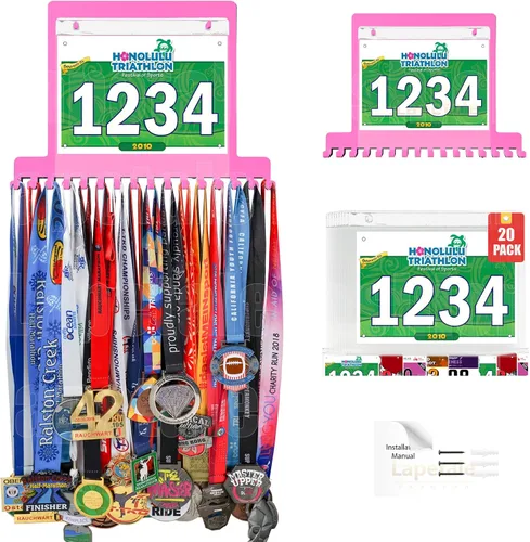 Vista 4 de Colgador de medallas para carreras, exhibición de medallas de maratón y colgador de medallas para corredores, exhibición de medallas con dorsal