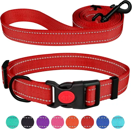 Vista 11 de Juego de collar y correa reflectante para perro con hebilla de bloqueo de seguridad, collares de nailon para mascotas ajustables para perros Negro