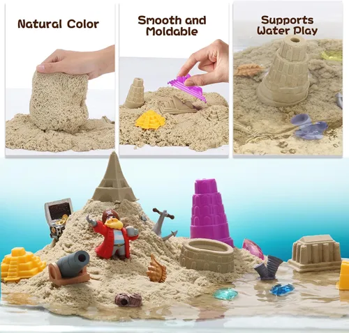 Vista 3 de Kit de arena sensorial y acuática: arena de juego de aventura pirata de 2.2 libras para niños a partir de 4 años, juego de agua y caja de arena
