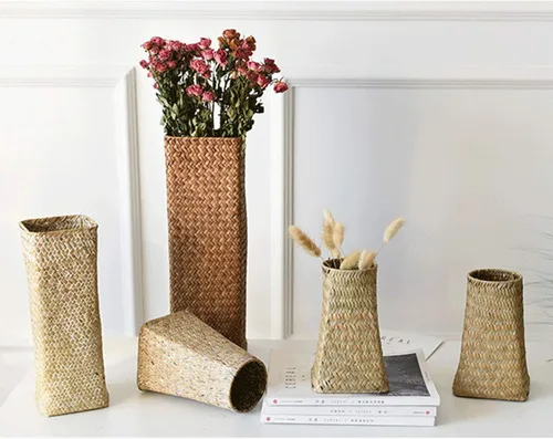 Vista 3 de Jarrones de flores de ratán, 2 jarrones de flores secas, jarrones decorativos tejidos de paja alta, cesta de flores de mimbre hecha a mano