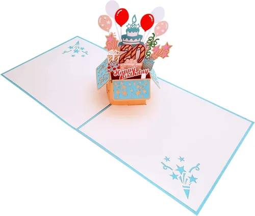 Vista 5 de iGifts And Cards Tarjeta desplegable 3D de 20 cumpleaños – Caja de fiesta azul de moda sorpresa con globos, regalos y vibraciones de celebración