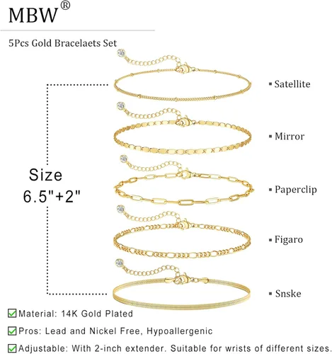 Vista 5 de MBW Pulseras de oro para mujer, juego de joyas chapadas en oro real de 14 quilates para mujer, a la moda, impermeables, apilables, delgadas