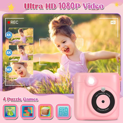 Vista 5 de Cámara de impresión instantánea para niños, cámara de 2.4 pulgadas para niños, impresión instantánea con papel y tarjeta de 32G, juguetes digitales
