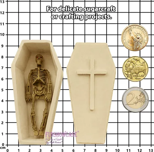 Vista 5 de Funshowcase Molde de silicona 3D de esqueleto de Halloween con sarcófago a juego para decoración de pasteles de fondant, arcilla polimérica