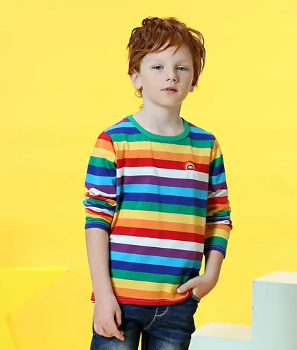 Vista 4 de Camisetas de manga larga de algodón para niños con diseño de rayas arcoíris