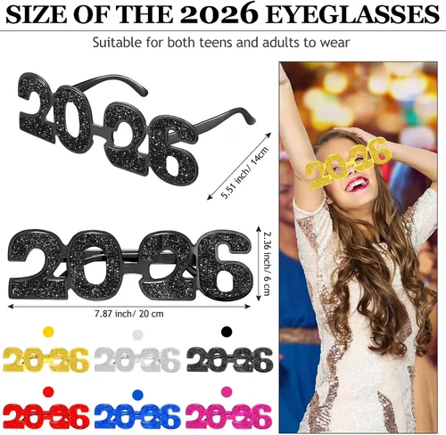 Vista 2 de Kanayu 6 pares de anteojos de Nochevieja con purpurina 2026, número 2026, lentes de sol para suministros de fiesta (colores coloridos)