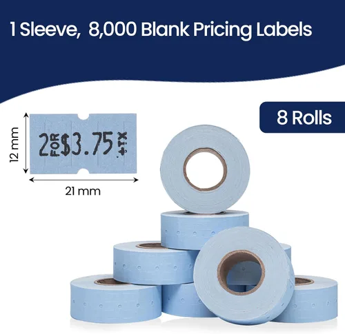 Vista 3 de Etiquetas azules Perco de 1 línea - 8 rollos, 1 funda, 8,000 etiquetas en blanco para pistolas de precio y fecha de 1 línea Perco - Fabricadas
