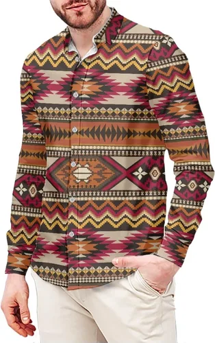 Vista 13 de Camisa azteca con botones para hombre, patrón nativo americano, camisas de manga larga con cuello en V y nación tribal