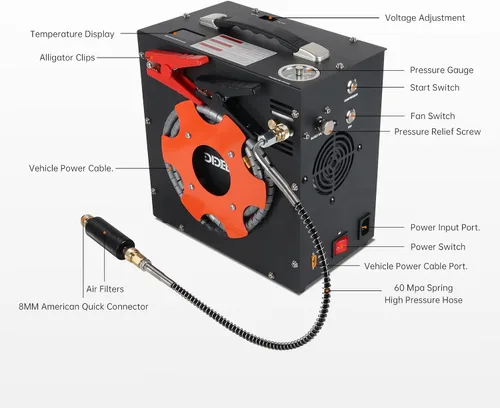 Vista 7 de DIDEEP Compresor de aire PCP, compresor de aire de alta presión de 4500 Psi/300 bar, 12 V CC o 110 V CA para compresor de tanque de buceo, pistolas