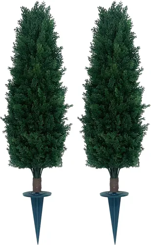 Vista 2 de Silk Tree Warehouse - Dos topiarios artificiales con clasificación UV de 30 pulgadas de cedro/ciprés con espiga, árbol para interiores y exteriores