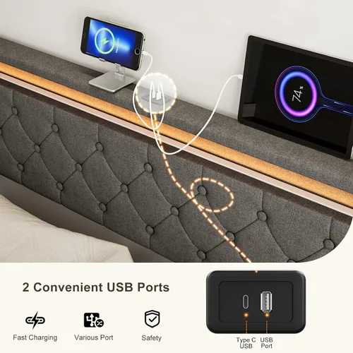 Vista 12 de IKIFLY Cabecera tapizada tamaño Queen con luces LED, puerto USB y tipo C 39.4"-43.3" Adjustable Height, Button Tufted Linen Fabric Padded Queen