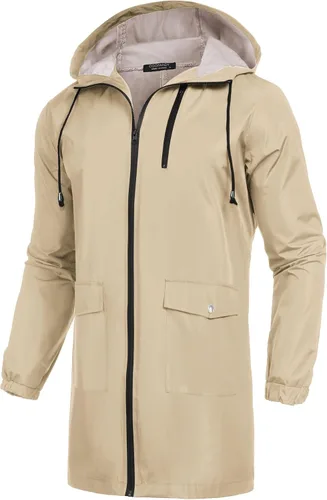 Vista 13 de COOFANDY Chubasquero largo para hombre ligero, chaqueta impermeable para lluvia, chaquetas impermeables para exteriores con capucha Negro