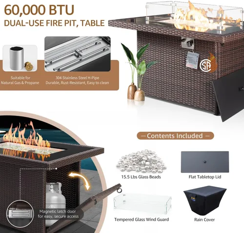 Vista 4 de NICESOUL Mesa de Hoguera de Mimbre para Exteriores de Gas Natural/Propano, Mesa de Hoguera Rectangular de 43'' para Exteriores, Mesas de Chimenea