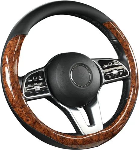 Vista 5 de Funda para volante de grano de madera, de piel de microfibra, transpirable, antideslizante, protector universal de 14.5-15 pulgadas, accesorios