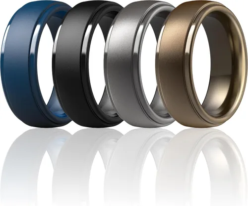 Vista 31 de ThunderFit Anillos de silicona para hombres, bandas de boda de goma con Pack A: Negro carbón