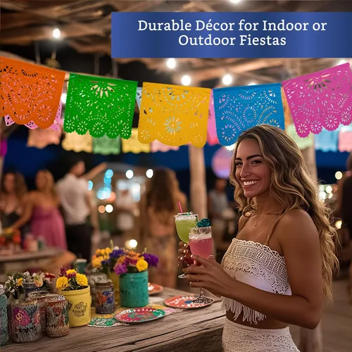 Vista 7 de Pancartas de fiesta mexicana (paquete de 2 con 10 banderas de plástico por bandera), papel picado mexicano para fiesta, papel picado de plástico