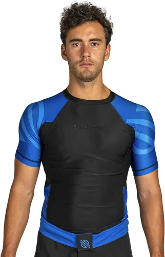 Vista 2 de Sanabul Esencial manga corta Rash Guard MMA BJJ Wrestling Grappling Jiu Jitsu Azul