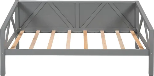 Vista 6 de Merax Marco de cama de día de madera de granja con soporte de listones de madera, sofá cama con patas resistentes, no necesita somier, tamaño Gris