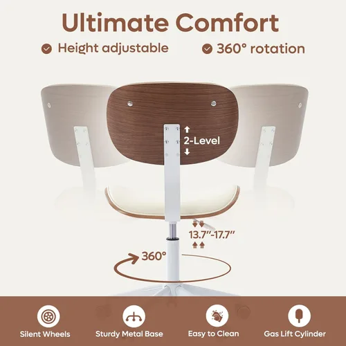 Vista 3 de Bestier Silla de oficina en casa con soporte de respaldo de madera curvada, silla de escritorio sin brazos con giro de 360°, silla de computadora