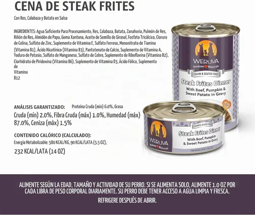Vista 4 de Weruva Comida Clásica para Perros, Steak Frites con Carne de Res, Calabaza y Batata en Salsa, Lata de 14oz (Paquete de 12)