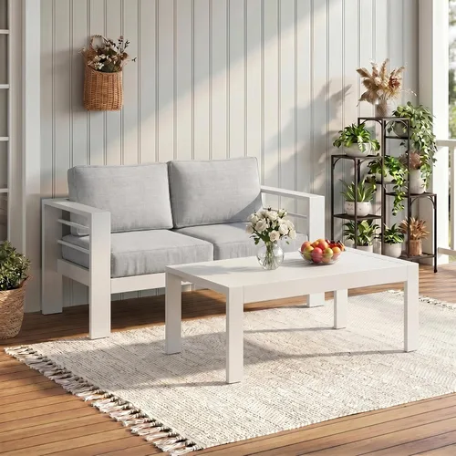 Vista 18 de Solaste Sofá de aluminio para patio con mesa auxiliar, juego de 3 muebles de patio con cojines, sofá de exterior para todo tipo de clima