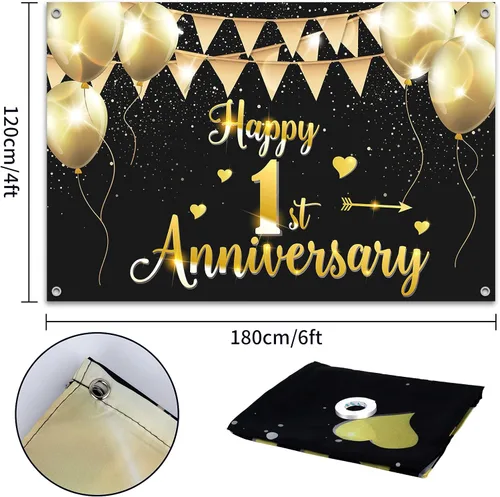 Vista 2 de HAMIGAR Fondo de pancarta de feliz primer aniversario de 6 x 4 pies, 1 decoración de aniversario de boda, suministros para fiesta, color negro