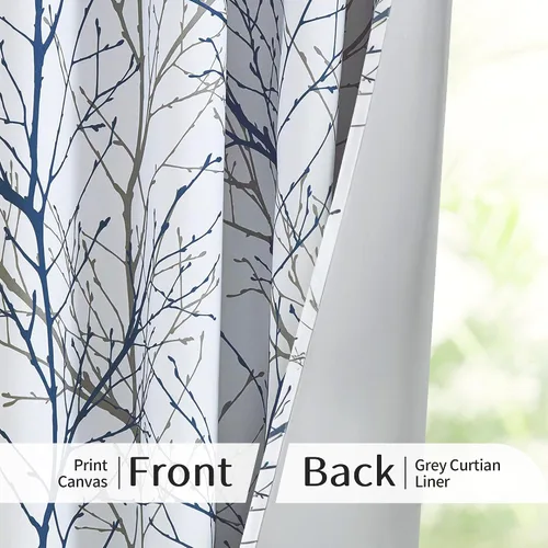 Vista 3 de FMFUNCTEX Cortinas 100% Opacas Azul Blanco con Forro de Árbol para Dormitorio, Cortinas de 63 Pulgadas de Largo con Patrón de Ramas para Sala