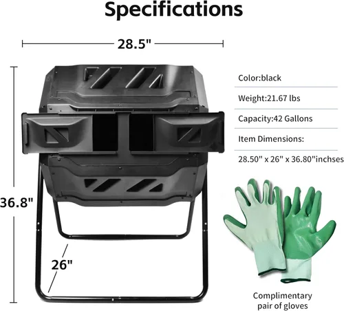 Vista 2 de MaxWorks Vaso de compostaje de doble cámara, compostador giratorio para exteriores con ventilación de aireación, tambor de polipropileno resistente