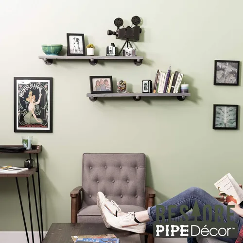 Vista 2 de Pipe DÉCOR - Estantería de madera de abeto Douglas de alta calidad, 36 pulgadas de largo, juego de 2 tablas y 6 soportes rectos, acabado gris