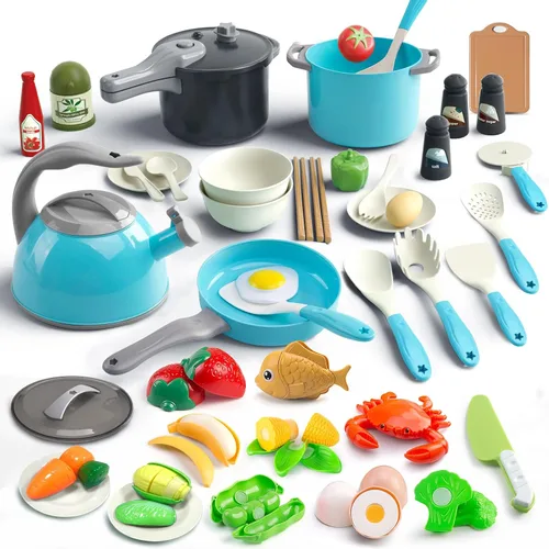 Vista 10 de Bruvoalon Juego de 32 juguetes de cocina para niños, accesorios de cocina con ollas, sartenes, utensilios de cocina, alimentos, verduras enlatadas